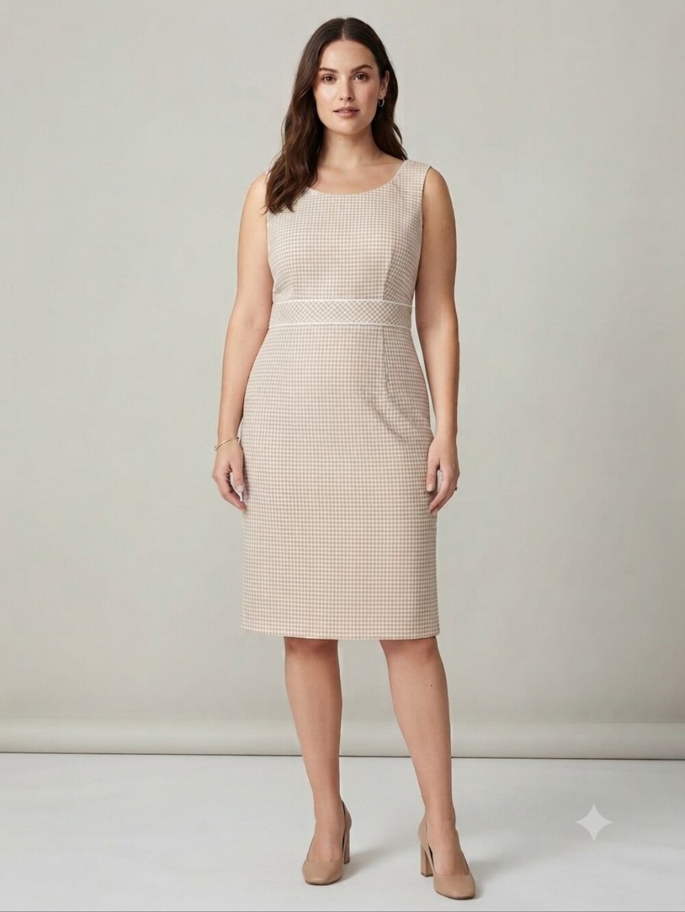 Tristan Beige Gingham Check Sheath Midi Dress Size 14